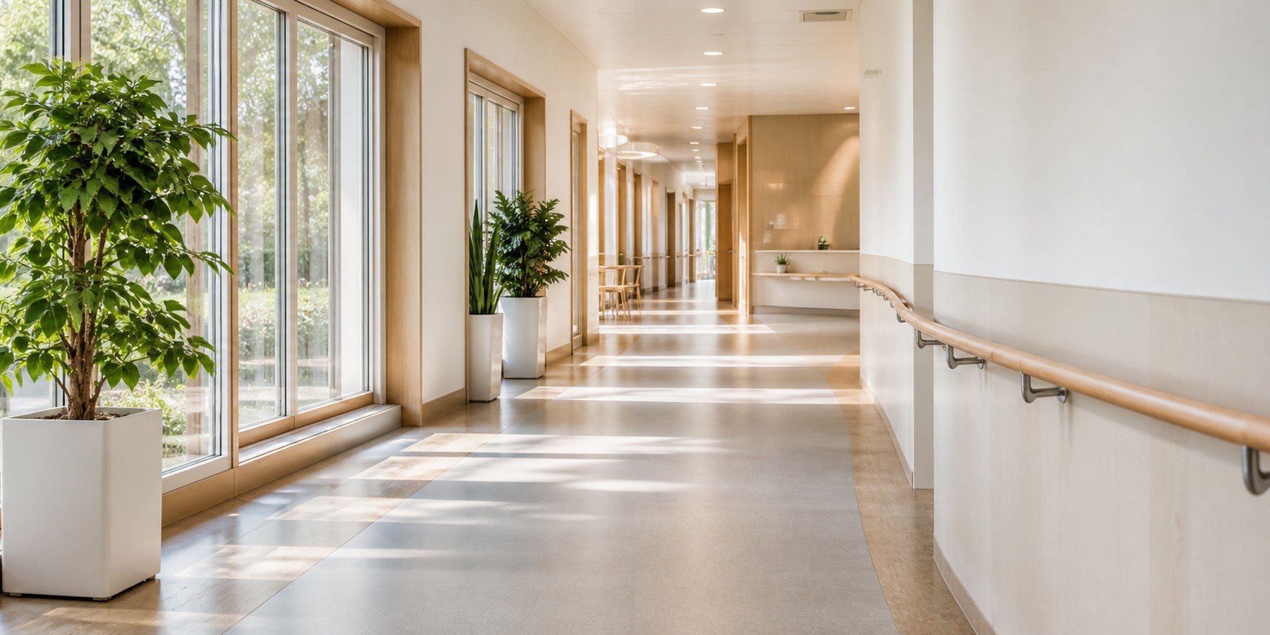 Ruhiger heller Rehabilitationsraum mit sicherem Handlauf als Symbol für Mobilität im Alter