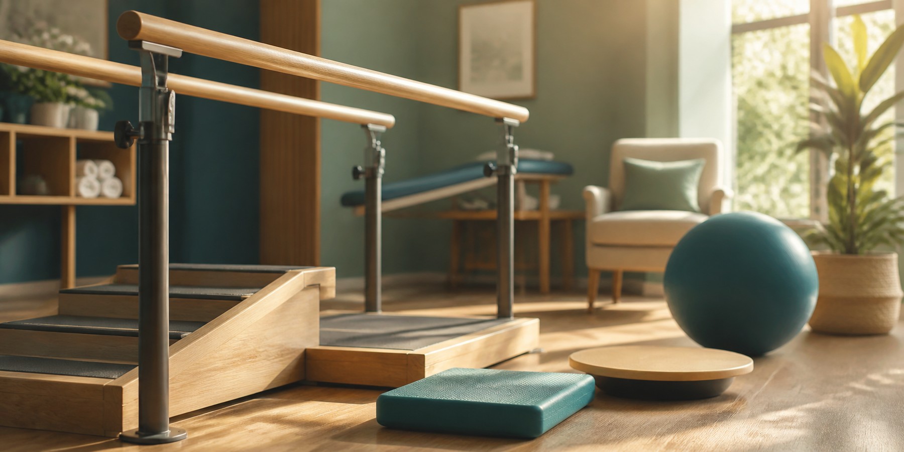 Helle Szene mit sicherer Bewegung und Balance als ruhiges Symbol für geriatrische Rehabilitation